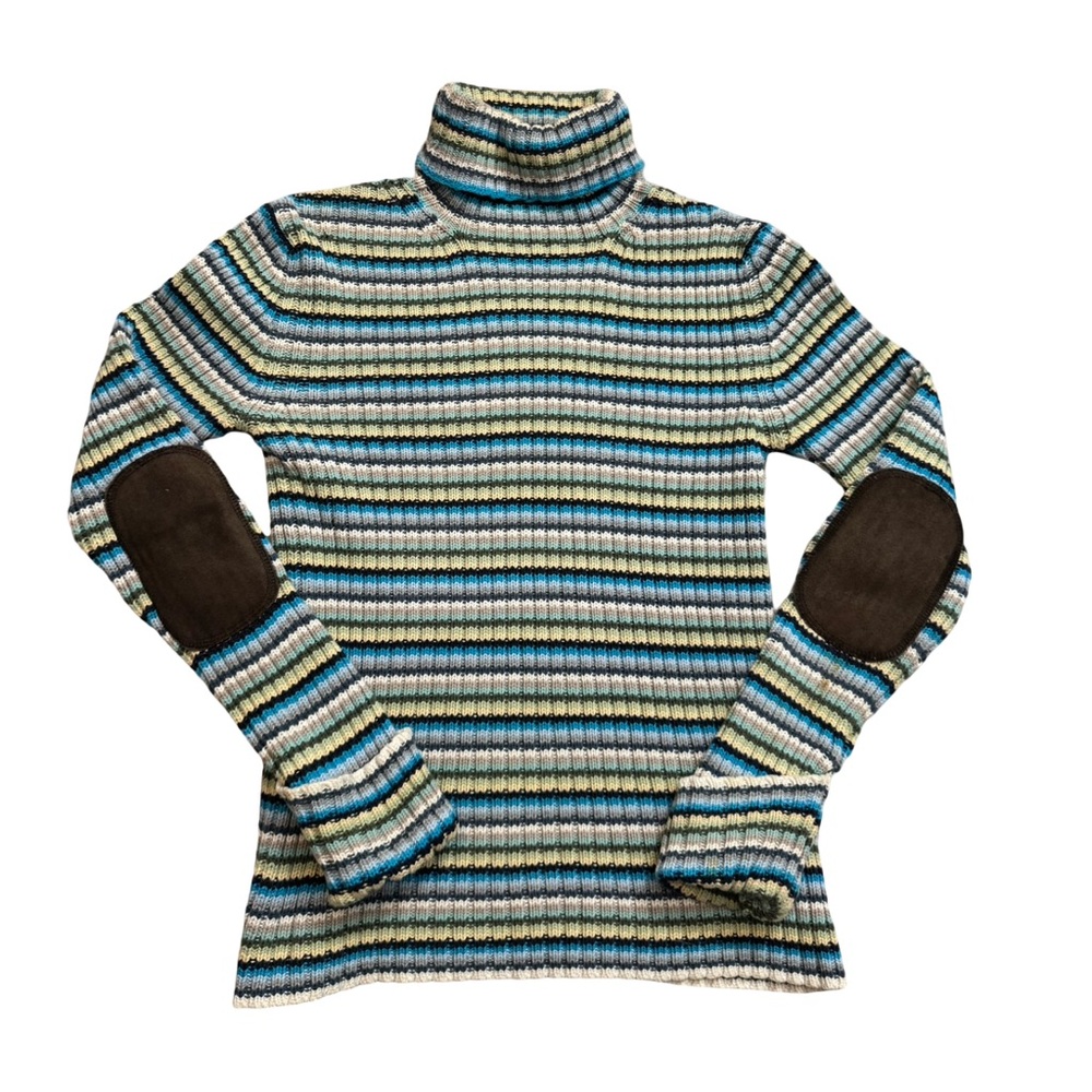 Vintage 90s Striped Gap Sweater Leather Elbow Patch XS Turtleneck 100% Cotton - Picture 3 of 13